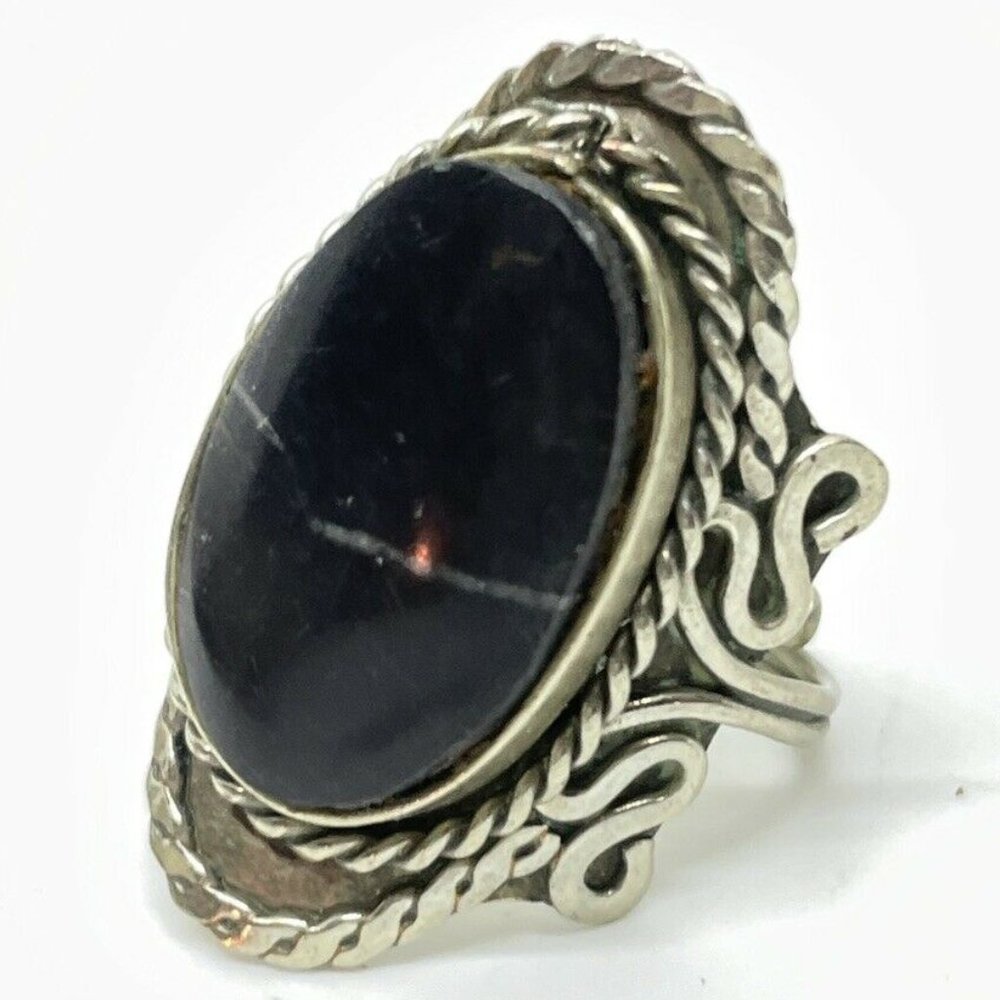 Silver Alloy Black Stone Adjustable Vintage Size 7 Ring